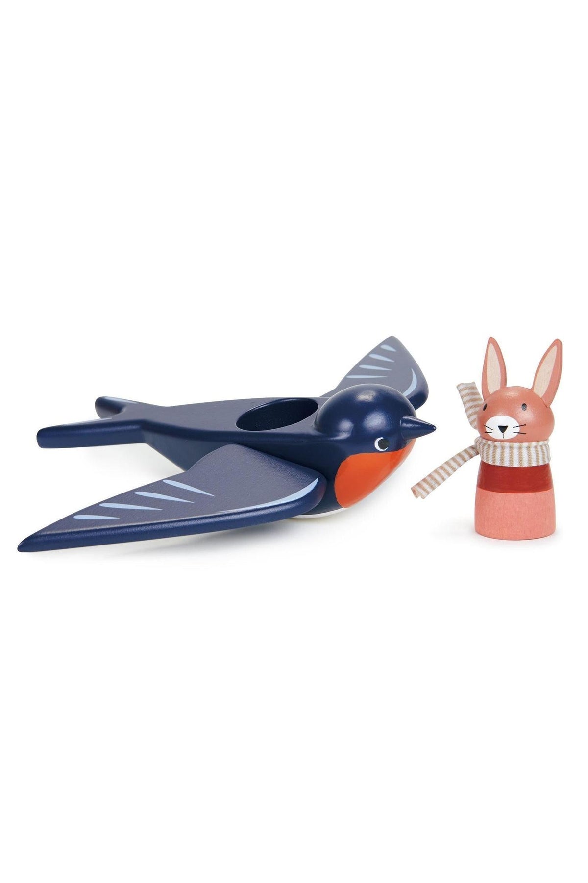 A wooden bluebird and a pink bunny figure with a scarf, both part of the Tender Leaf Toys collection, designed.