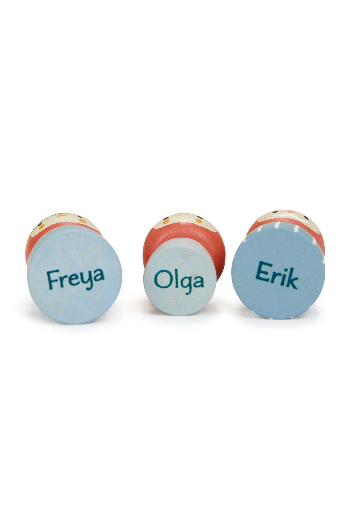 Three wooden gnome figures, Freya, Olga, and Erik, are displayed with colorful bases. Each figure features a unique color and playful design, ideal for imaginative storytelling and sustainable play.