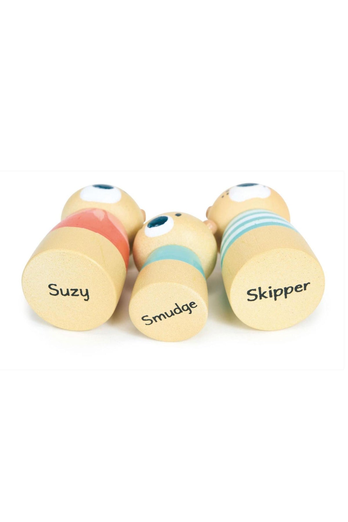 Three wooden figurines with painted faces and colorful clothing, labeled Suzy, Smudge, and Skipper. These eco-friendly toys are designed for imaginative play, suitable for young children.