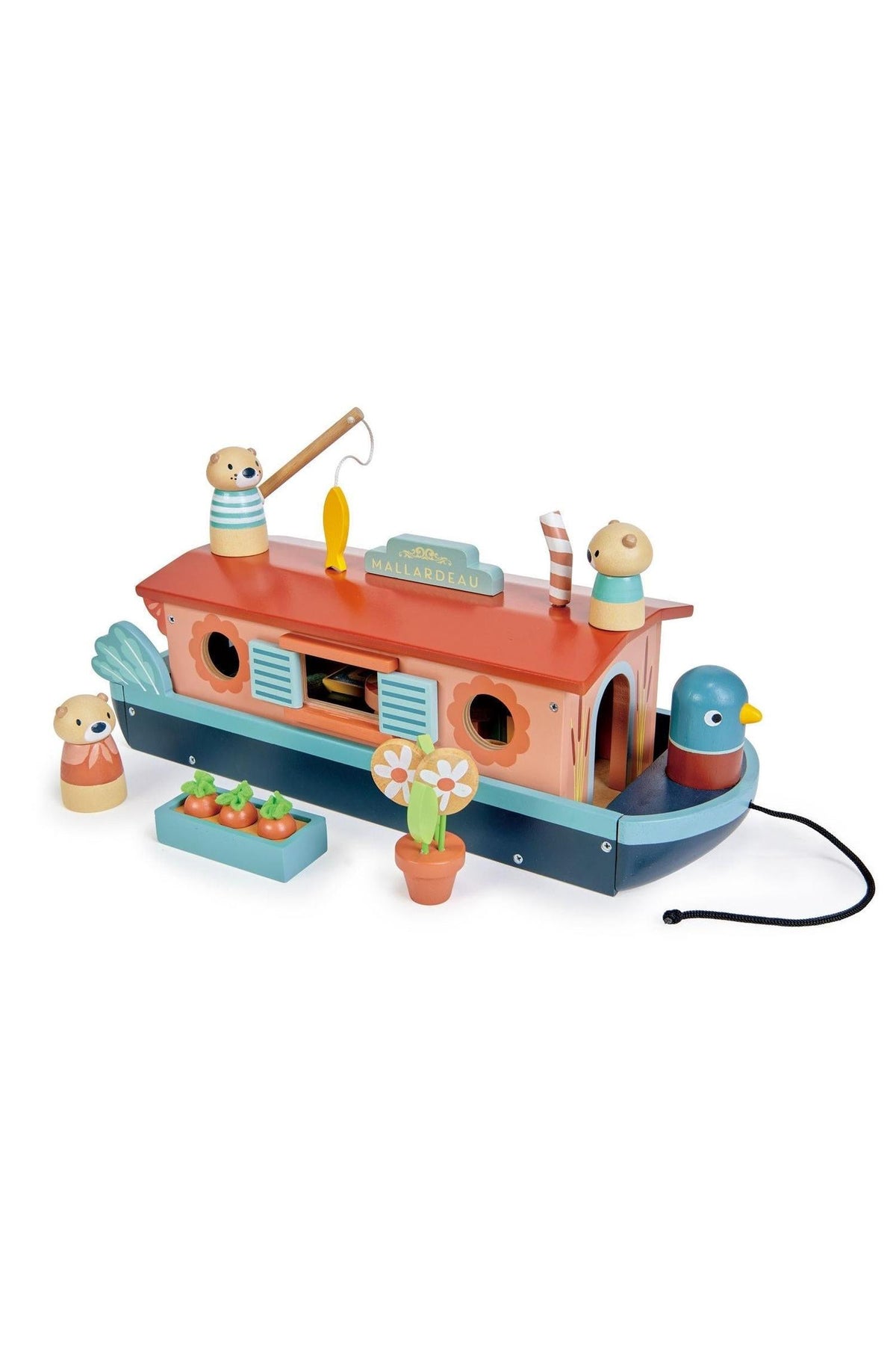 A colorful wooden canal boat toy features an otter family, a fishing rod, and potted plants. This charming playset encourages imaginative play for children with sustainable materials.