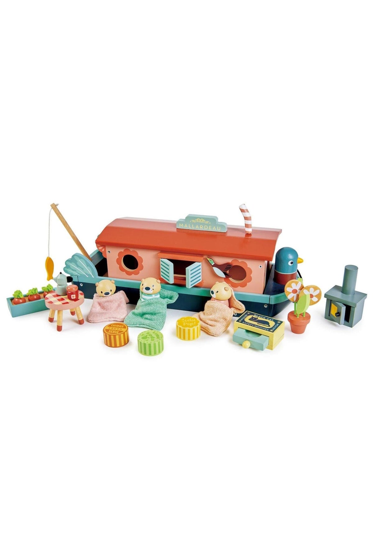 A colorful wooden toy canal boat named Mallardeau features three otter figures, a fishing rod, and accessories like potted plants and fishing supplies, promoting imaginative play for children.