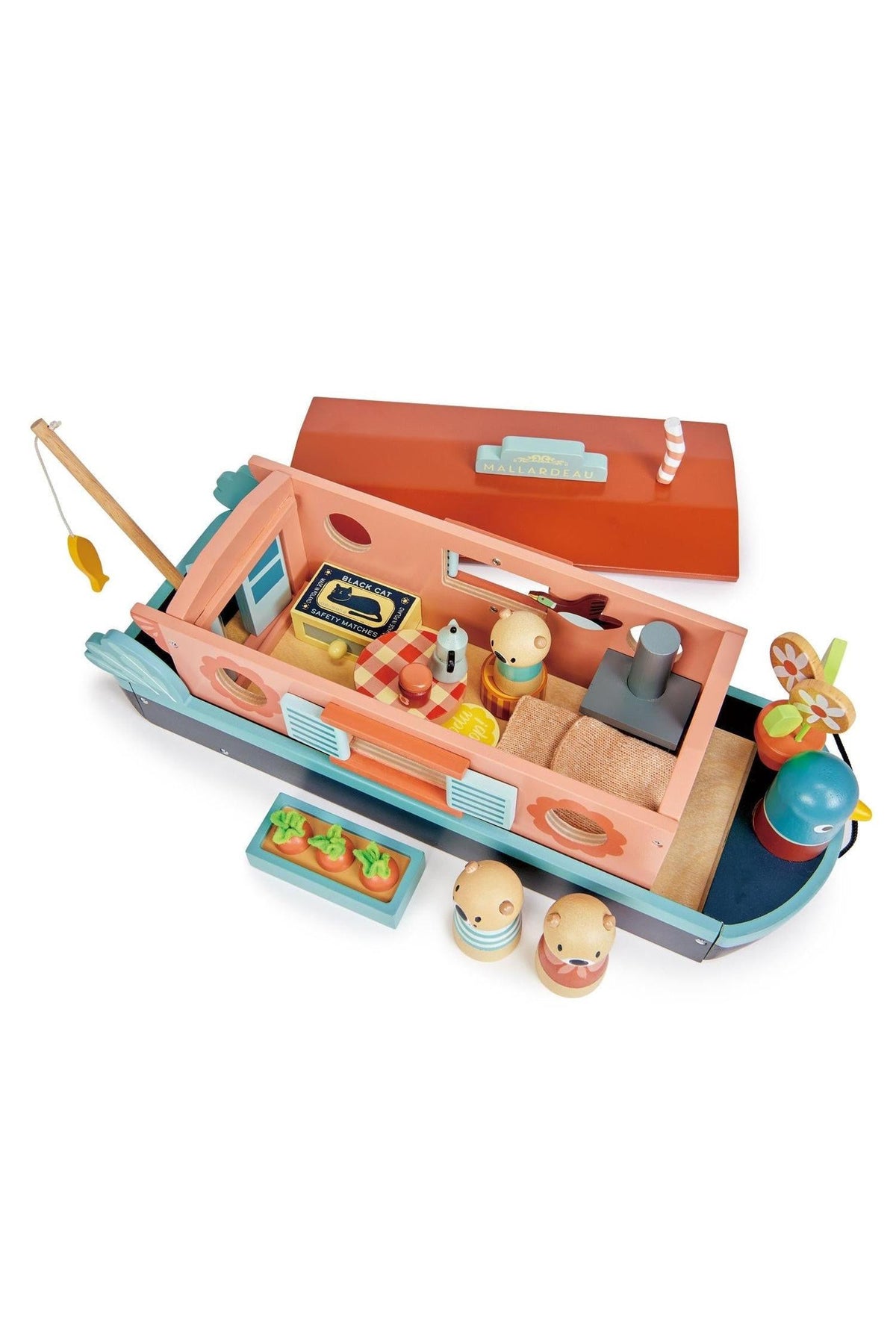 A colorful wooden canal boat toy features a cozy cabin, an otter family, and playful accessories like a fishing rod and picnic basket. Perfect for imaginative play, it encourages creativity.