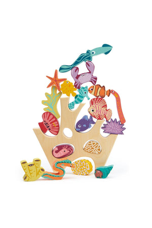 A colorful wooden stacking toy features various sea creatures and coral pieces, designed for imaginative play and learning.