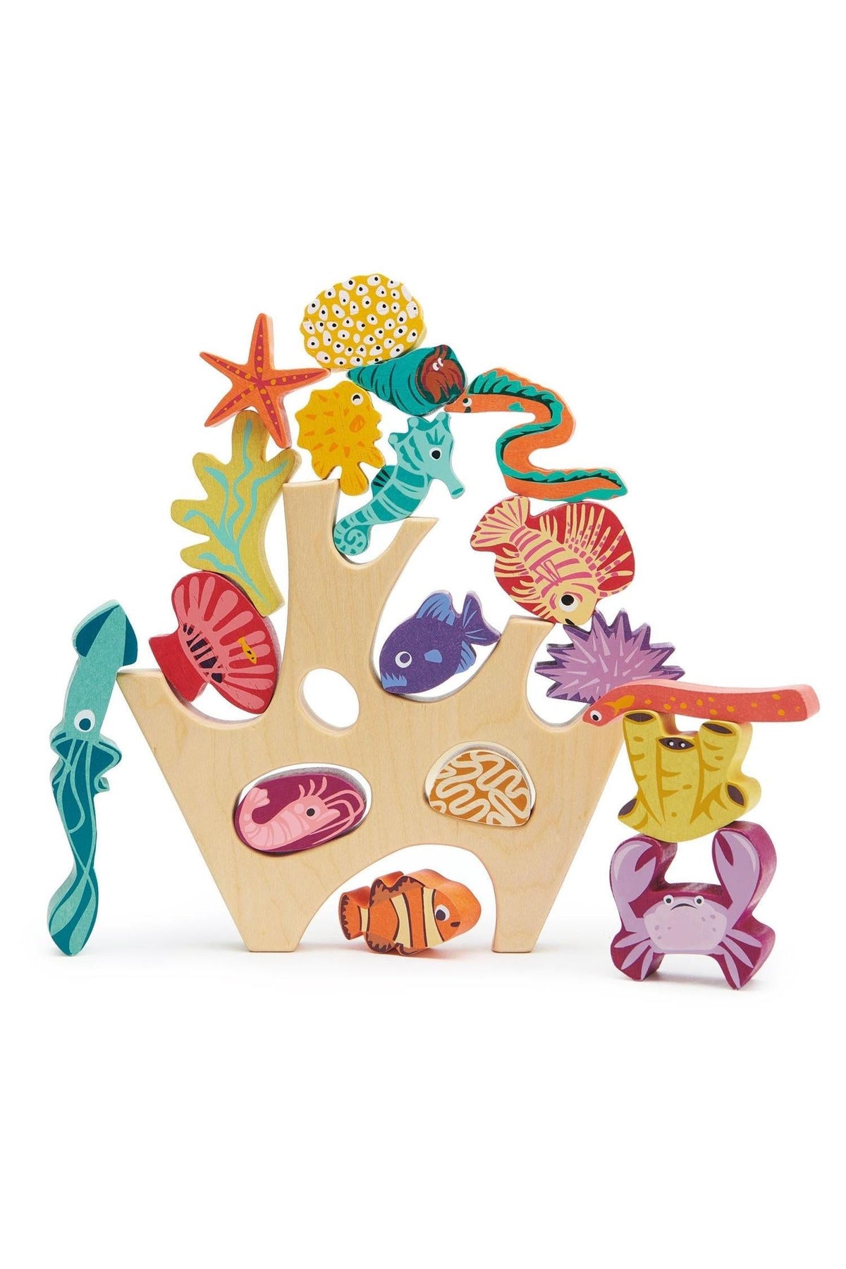 A wooden stacking toy features vibrant sea creatures, including a crab, starfish, and colorful fish, arranged on a coral reef.