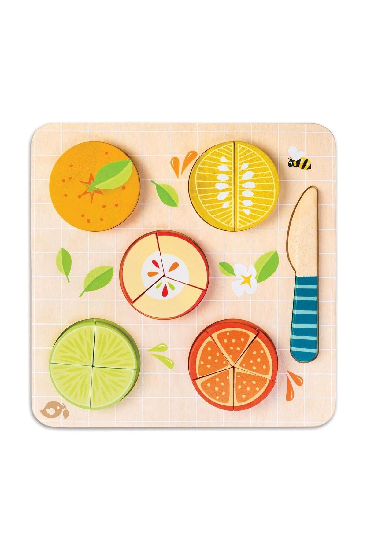 Wooden toy set featuring colorful, round fruit pieces including oranges, limes, and lemons, each with fraction markings. A wooden knife is included for interactive play, promoting learning through sustainable materials.