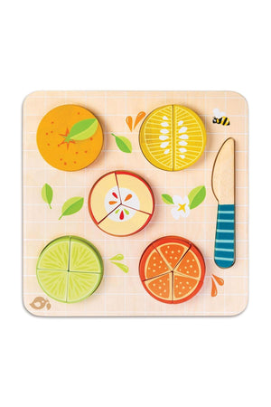 Wooden toy set featuring colorful, round fruit pieces including oranges, limes, and lemons, each with fraction markings. A wooden knife is included for interactive play, promoting learning through sustainable materials.
