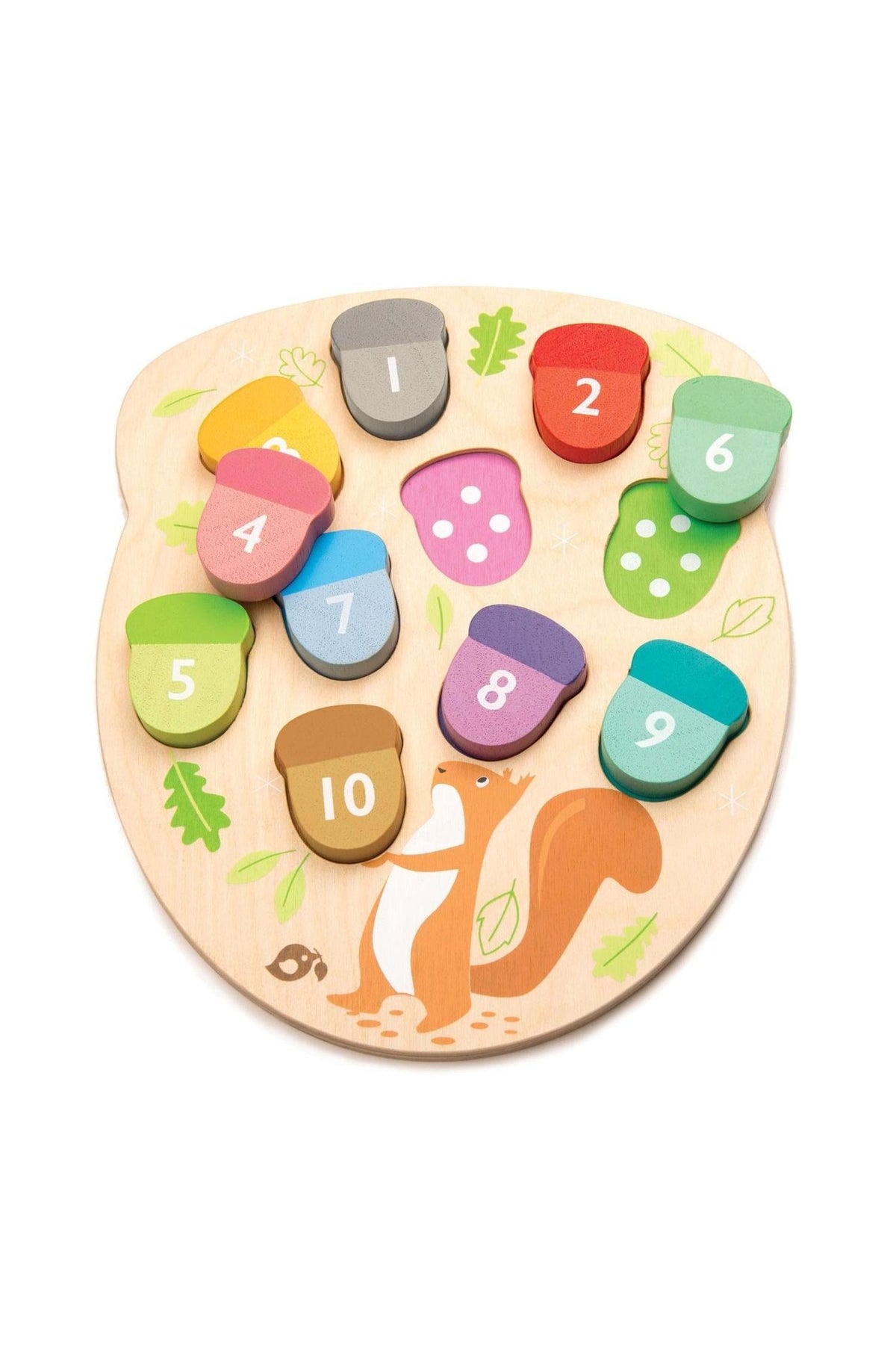 Colorful wooden acorn pieces are arranged on a natural wood base featuring a playful squirrel design. This eco-friendly toy from Tender Leaf Toys helps young children learn numbers and counting.