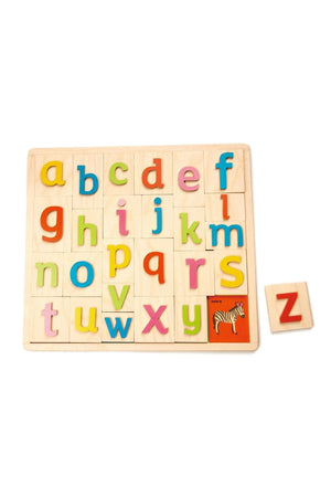 A wooden alphabet puzzle features colorful, three-dimensional letters arranged in a tray, with a matching picture of a zebra for the letter Z.