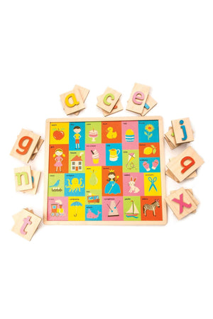 A colorful wooden alphabet tray features 26 three-dimensional letters surrounded by vibrant images representing each letter. This educational toy encourages language development for children aged 18 months and older.