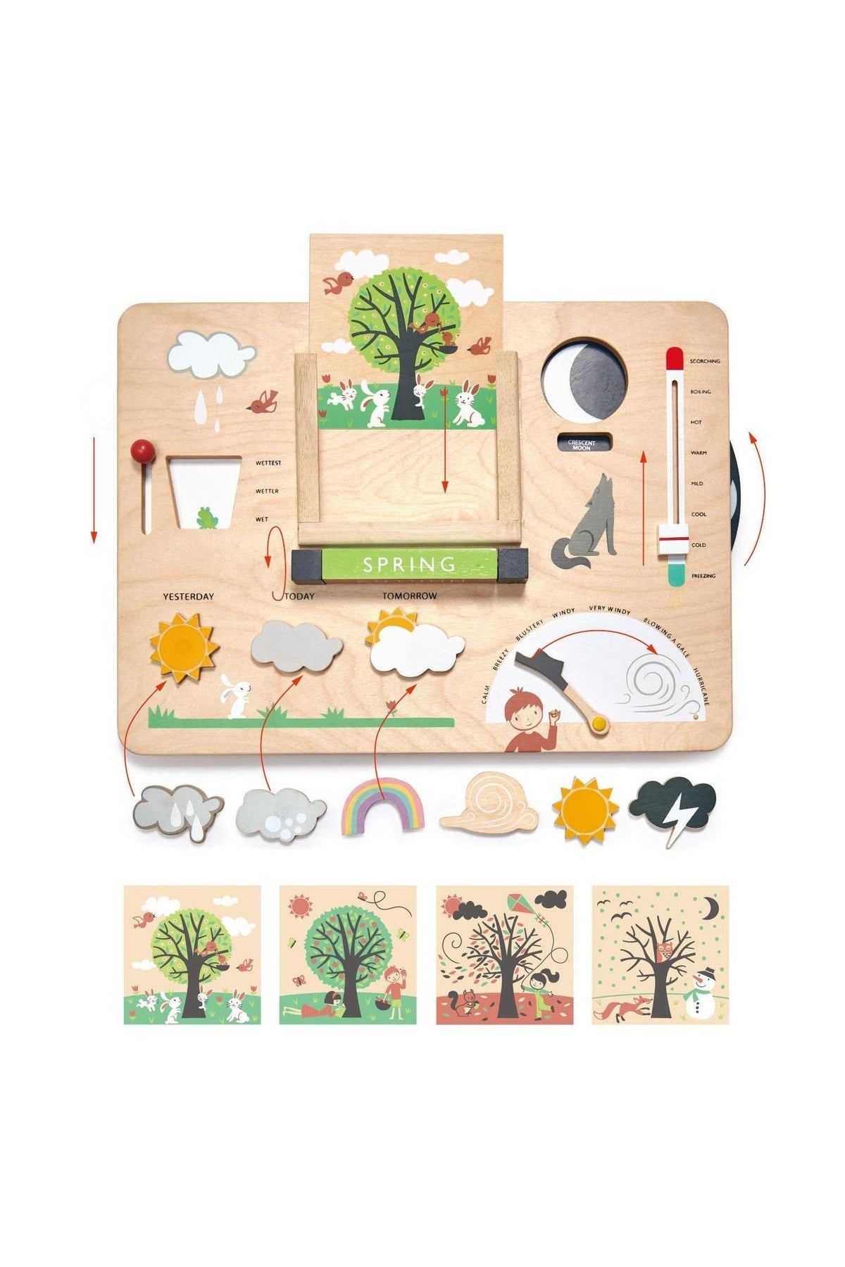 A wooden weather station from Tender Leaf Toys features colorful illustrations of seasonal changes, including a tree, animals, and weather elements, ideal for educational play and classroom settings.