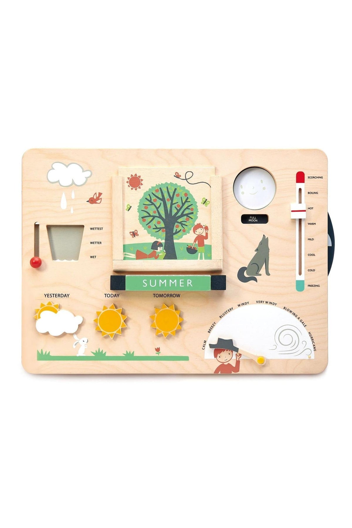 A colorful wooden weather station features illustrations of nature, a thermometer, and moving elements. This educational toy by Tender Leaf promotes interactive learning about seasons and weather for young children.