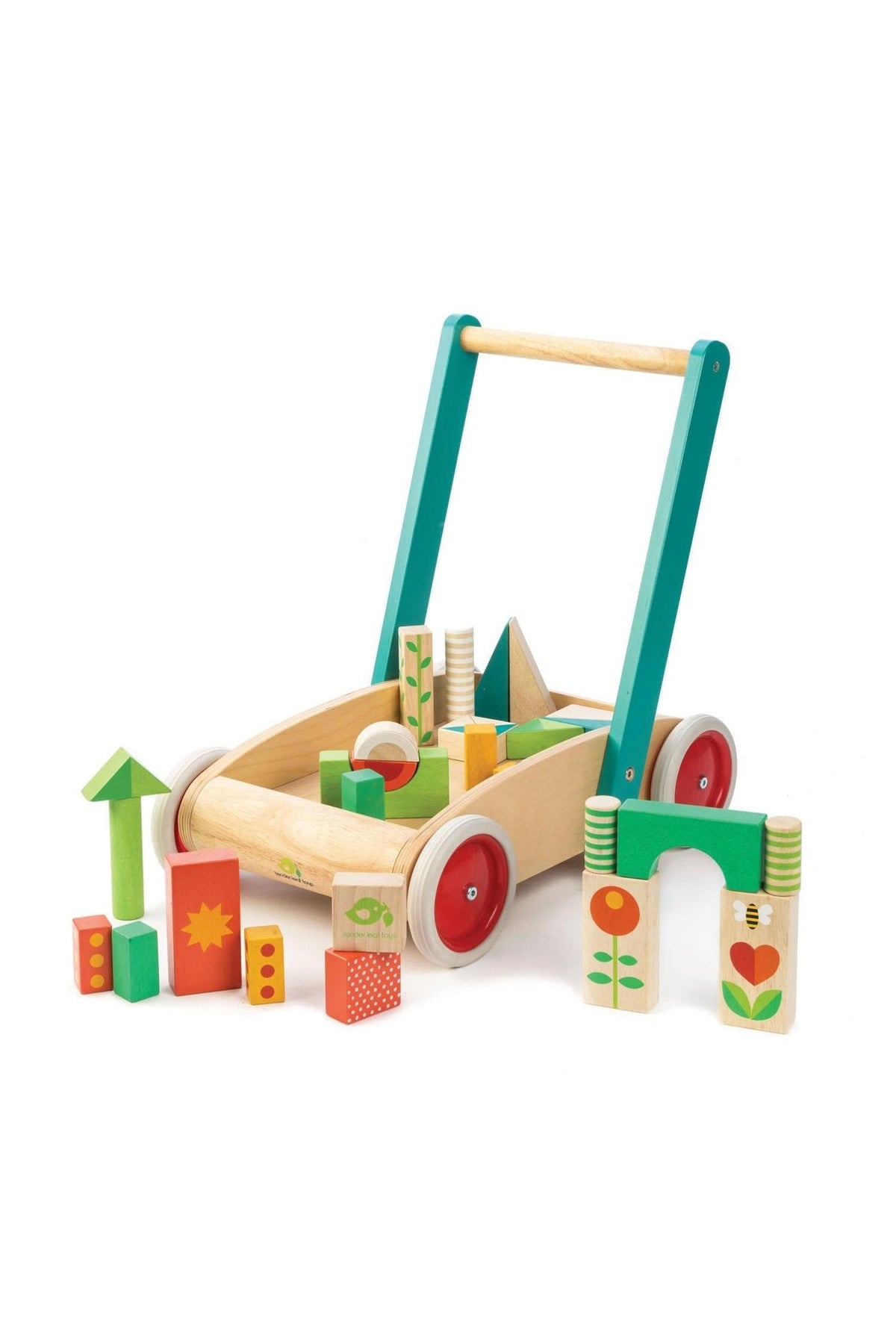 A wooden baby walker in natural wood and teal features a sturdy handle and vibrant garden-themed blocks. The set encourages creative play for toddlers with safe, eco-friendly materials.