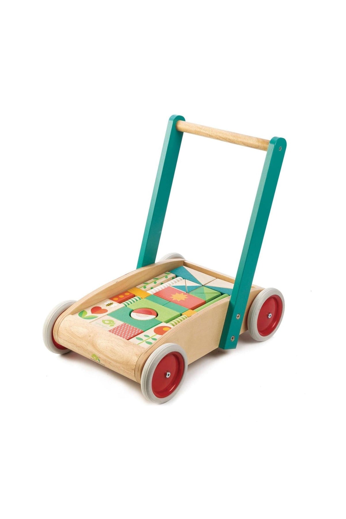 A wooden baby walker features a sturdy teal handle and red wheels, with a colorful garden-themed block set on the base, designed for toddlers to support their first steps.