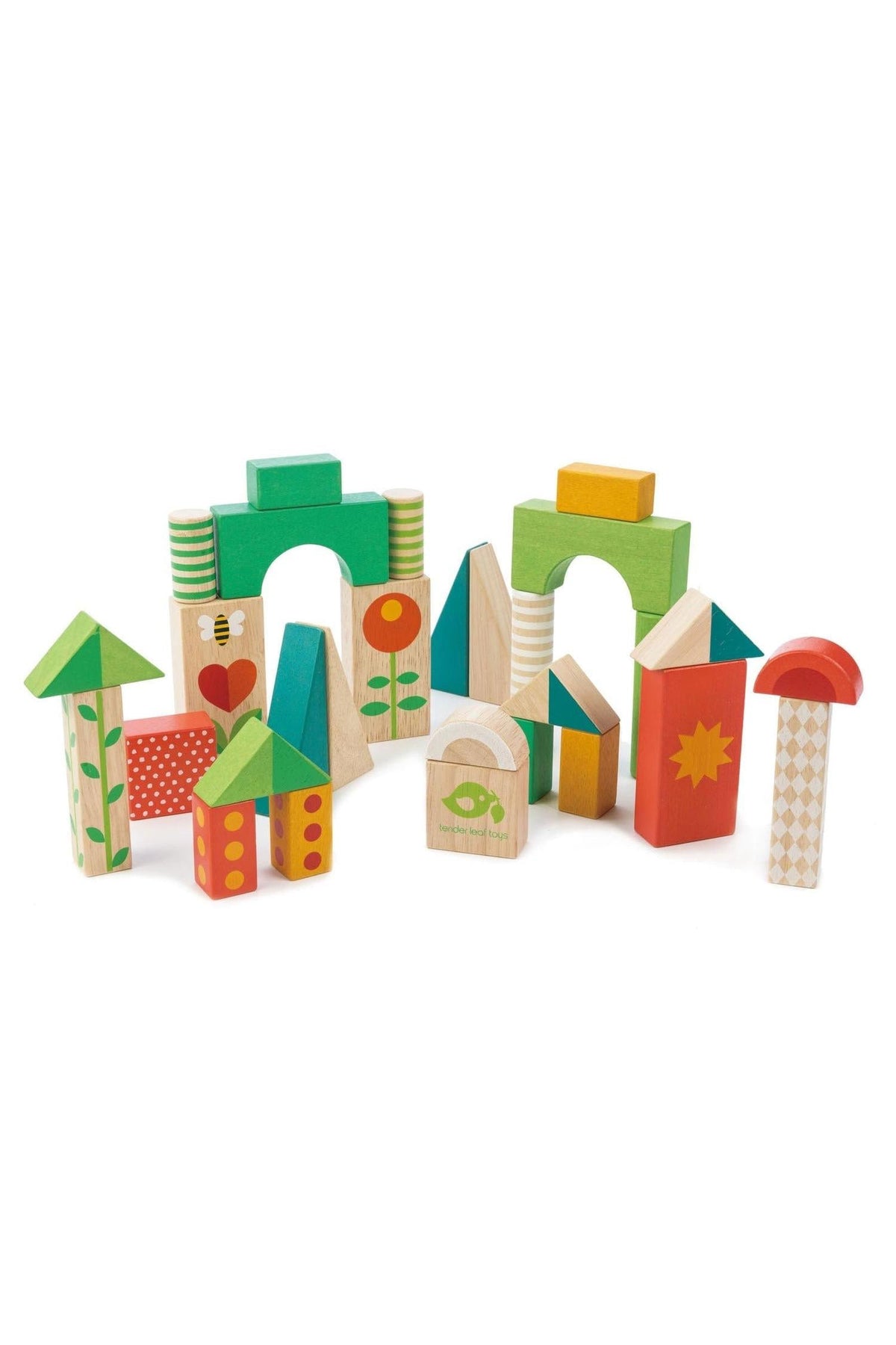A colorful set of garden-themed wooden blocks features various shapes, including triangles, rectangles, and arches, in vibrant colors like red, green, and yellow. Ideal for creative play and construction.