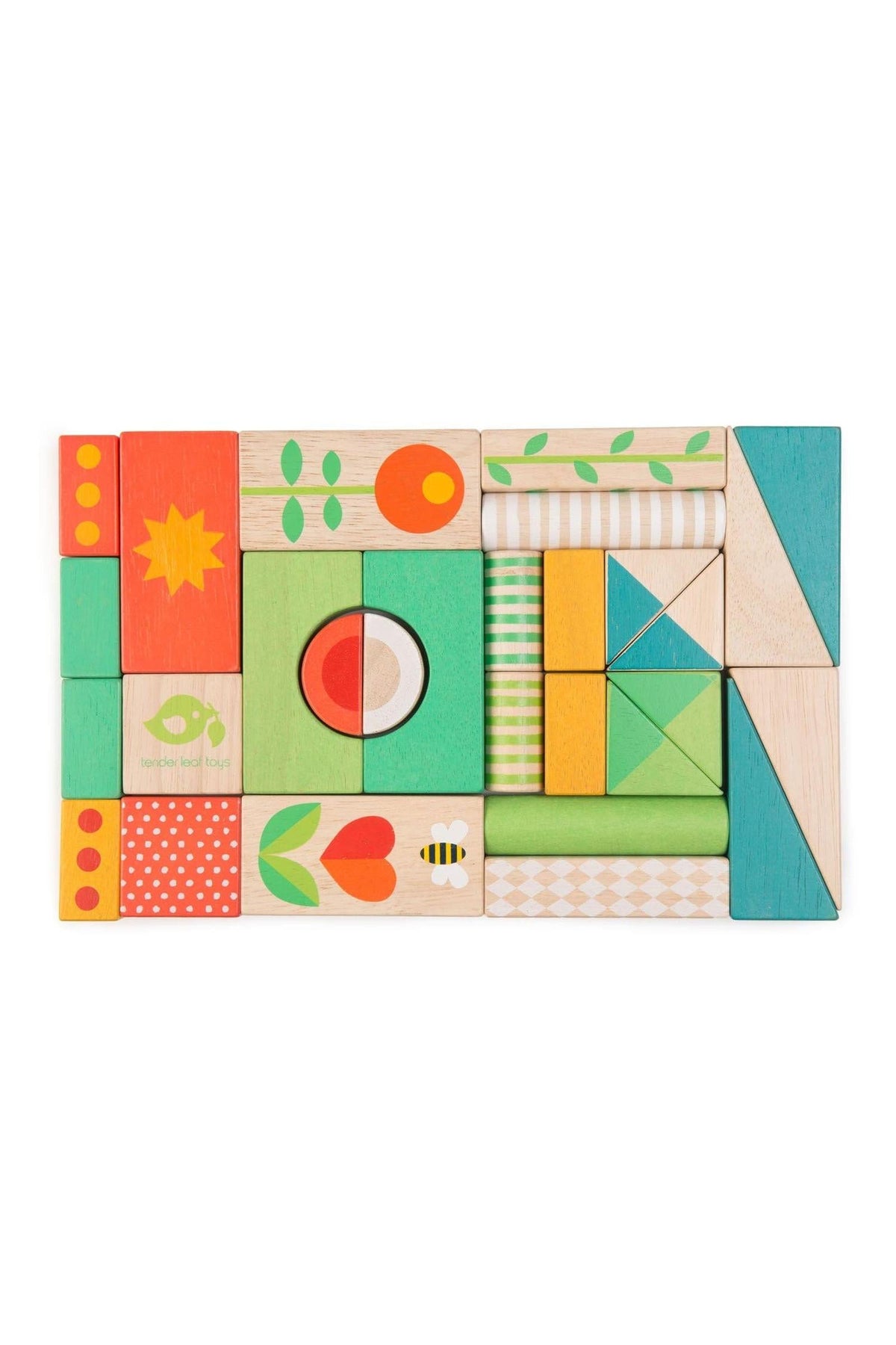 A colorful arrangement of wooden blocks featuring various patterns and shapes, including flowers, circles, and geometric designs, ideal for creative play and construction for toddlers.
