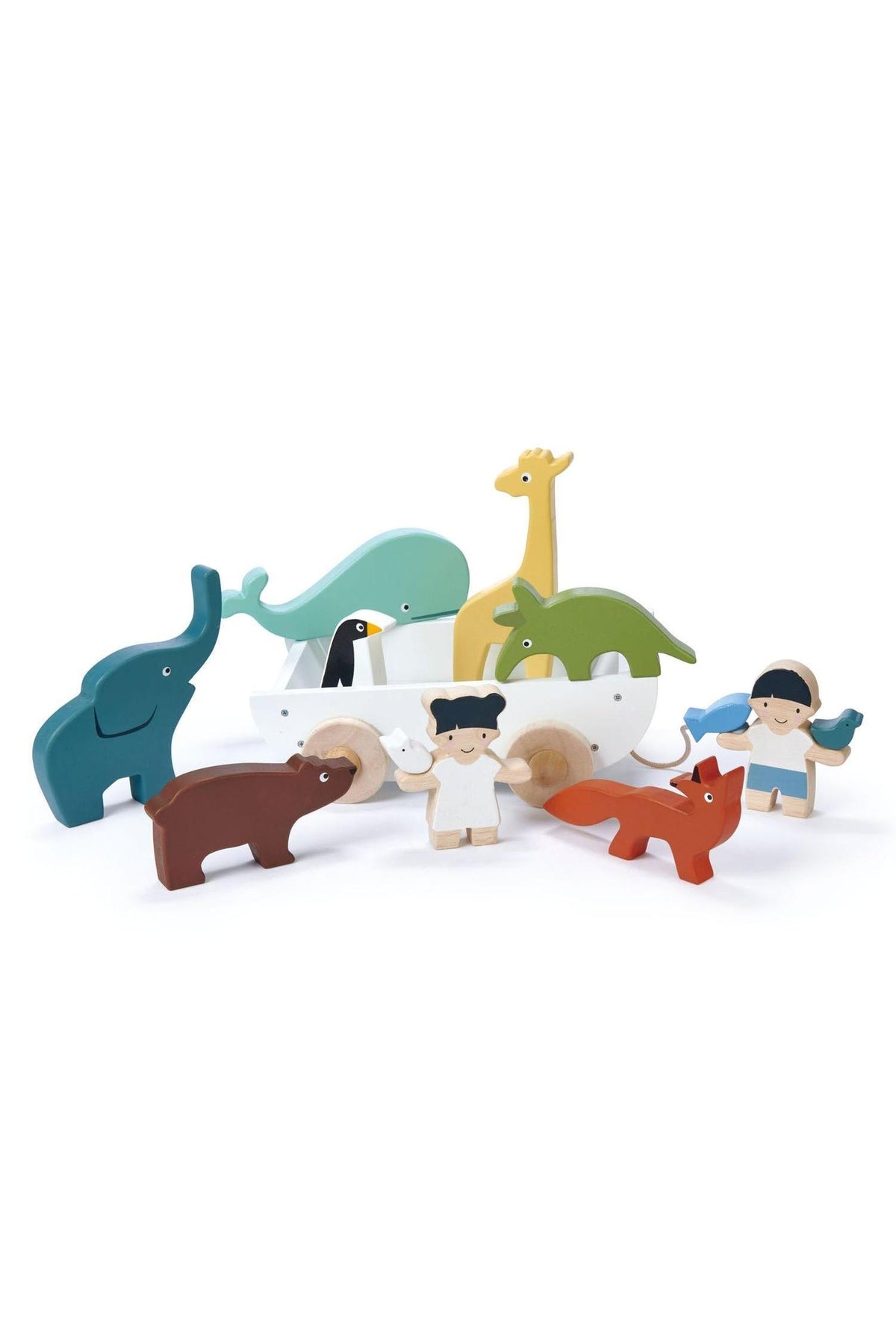 Colorful wooden animal figures and two children aboard a white boat, crafted from sustainable rubberwood, ideal for toddlers.