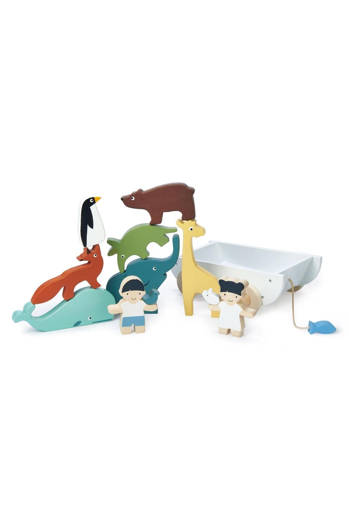 A colorful wooden toy set featuring various animals and two children, crafted from sustainable rubberwood, ideal for toddlers.