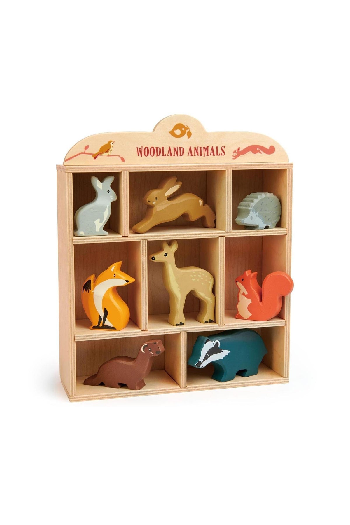 A wooden display shelf holds nine colorful, handcrafted woodland animal figures, including a rabbit, deer, fox, and hedgehog.