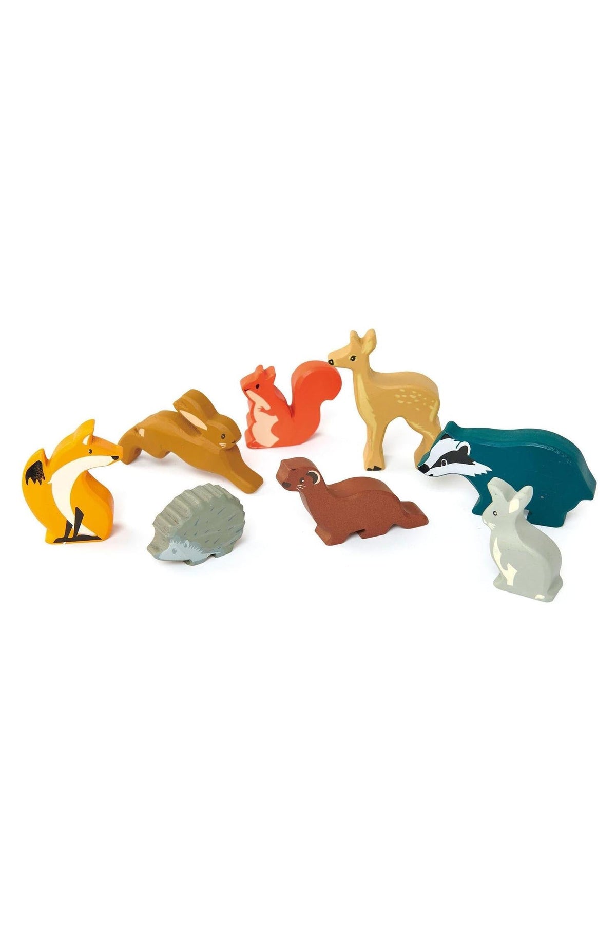 A colorful set of wooden woodland animal figures, including a fox, rabbit, deer, and hedgehog, arranged playfully. Each toy features vibrant, non-toxic paint, perfect for children ages 3 and up.