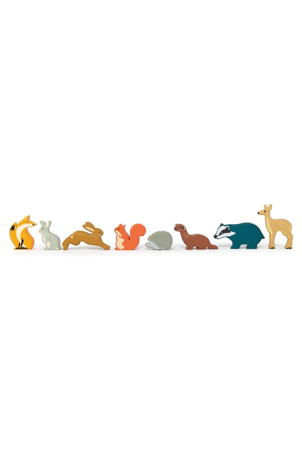 A colorful set of wooden animal toys features a fox, rabbit, hare, squirrel, hedgehog, dinosaur, badger, and deer, showcasing sustainable craftsmanship ideal for children aged three and up.
