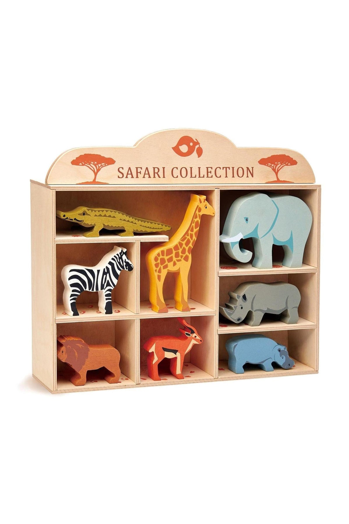 Wooden toy display featuring eight colorful animals from the Tender Leaf Safari Collection, designed for children aged 3 and up.