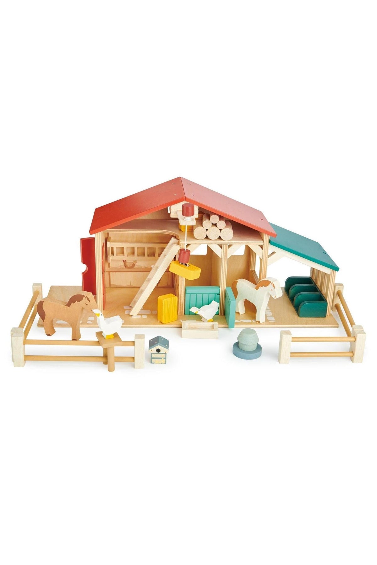 Colorful wooden barn playset with stables, animals, and accessories, designed for imaginative play. Constructed from sustainable materials for children.