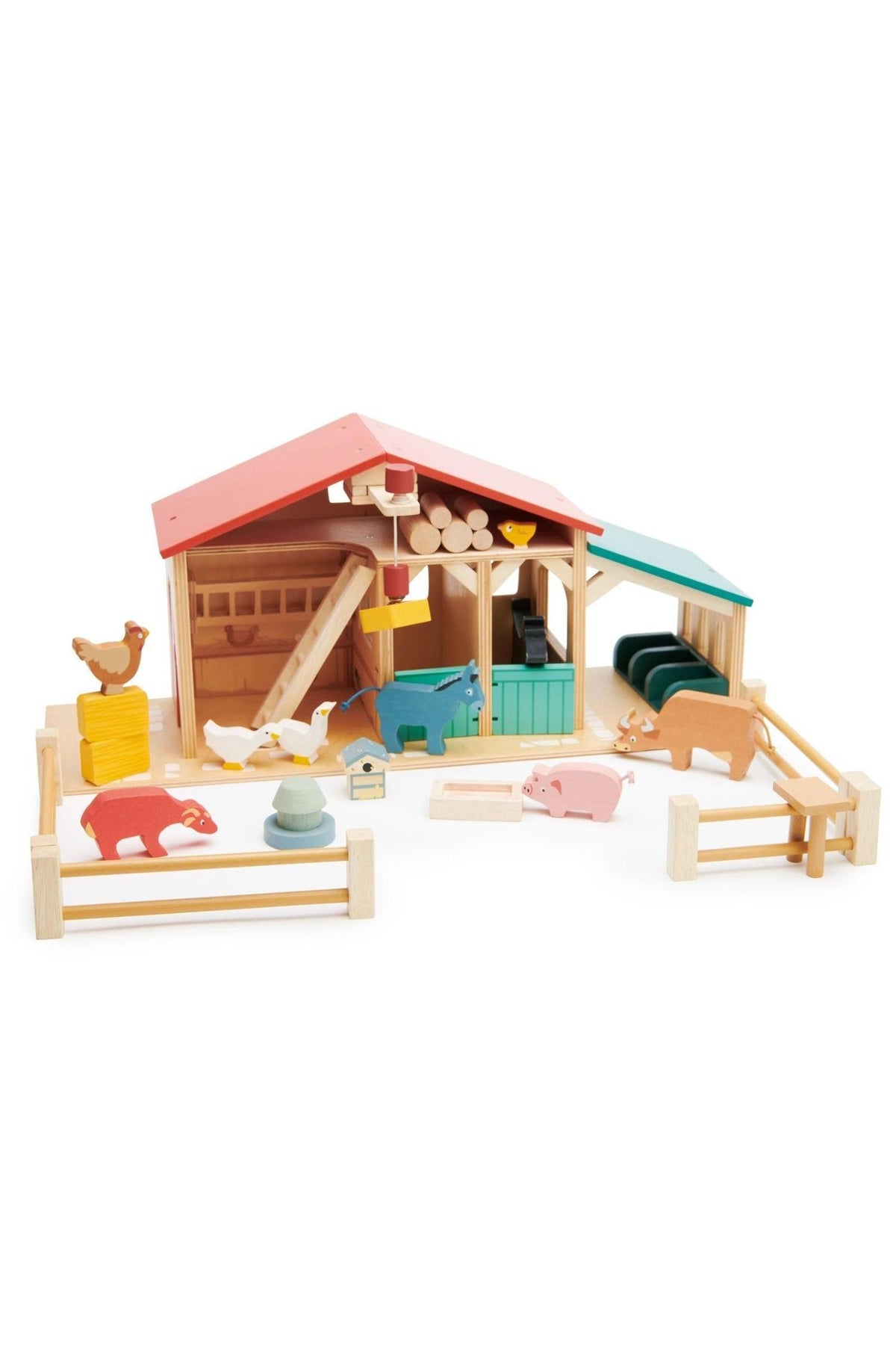 Colorful wooden farm playset featuring a barn, animals, and accessories, designed for imaginative play with sustainable materials.