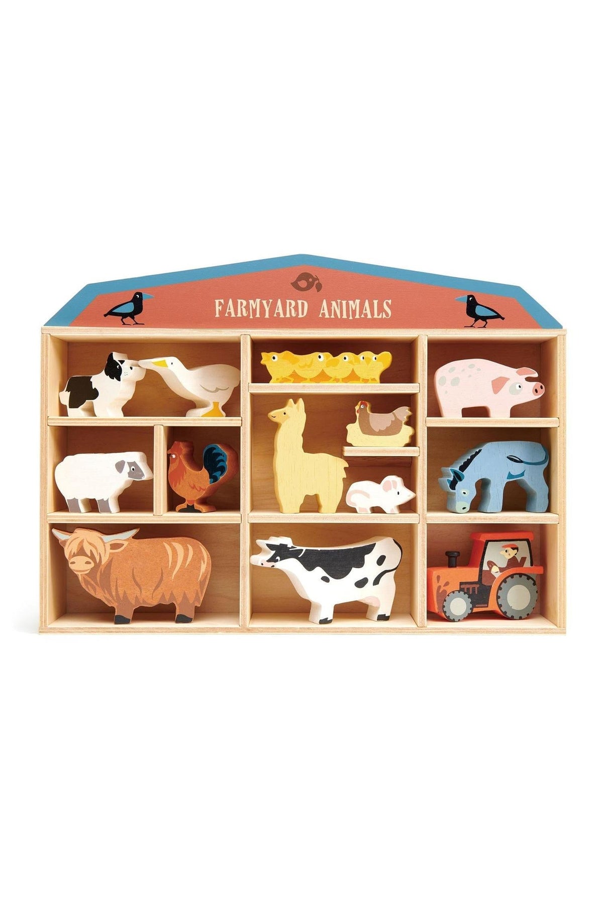 A display shelf features colorful wooden farmyard animals, including a cow, pig, sheep, and tractor, emphasizing eco-friendly materials suitable for children aged three and older.