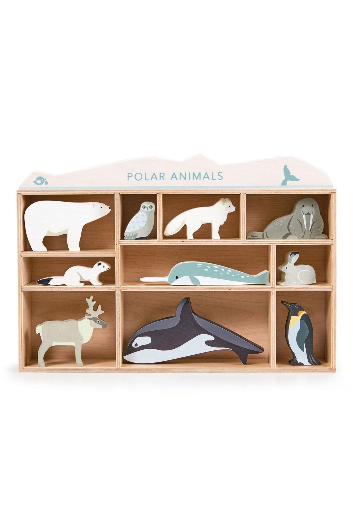 A wooden shelving unit displays ten colorful polar animal figures, including a polar bear, orca, and king penguin.
