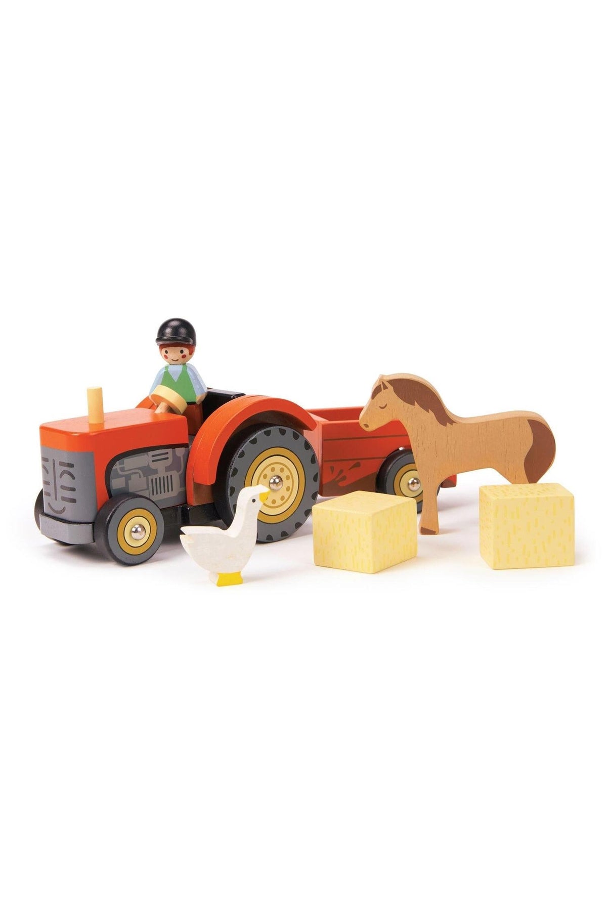 A colorful wooden tractor with a farmer figure, a horse, a duck, and hay bales, promoting imaginative play for children.