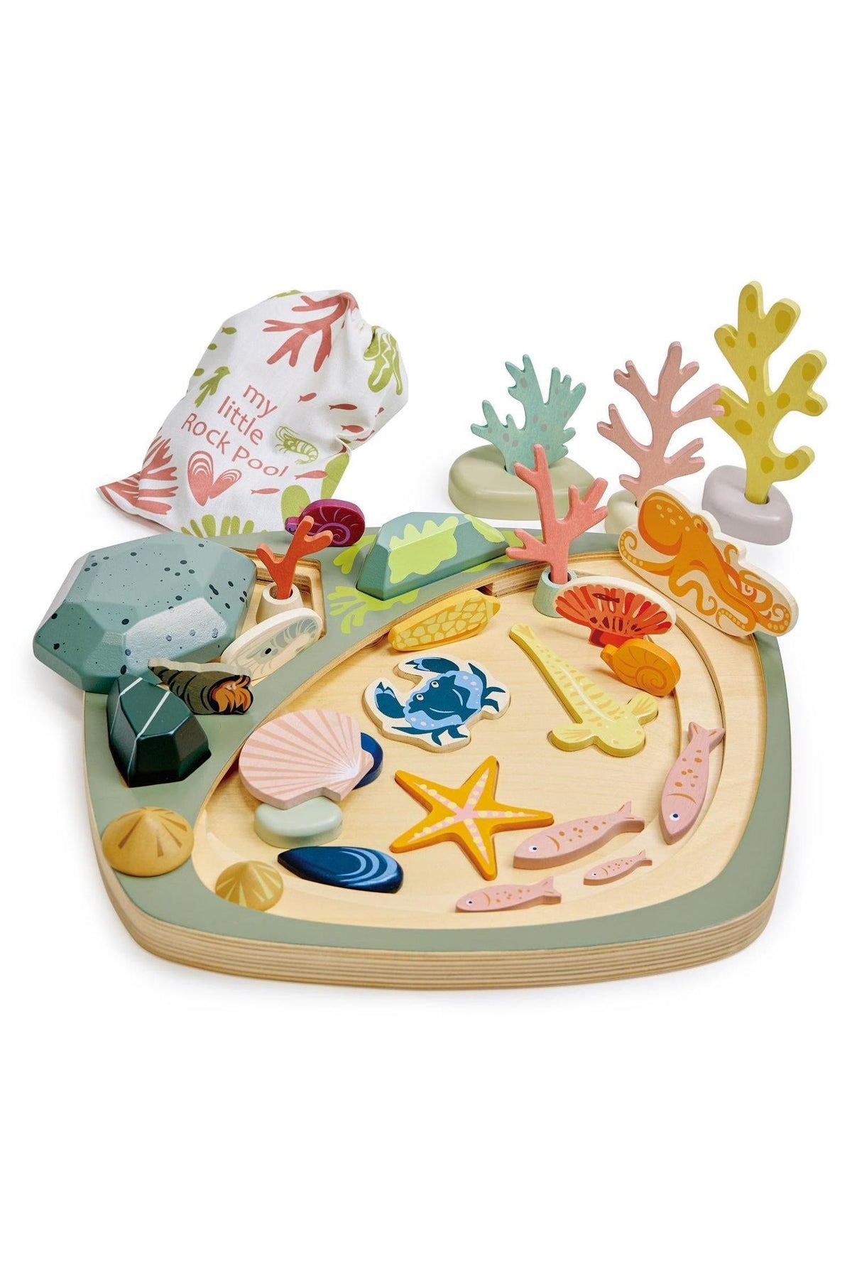 A colorful wooden toy set from Tender Leaf, featuring various sea creatures, rocks, and coral shapes arranged on a light wooden base, promoting imaginative play for young children.