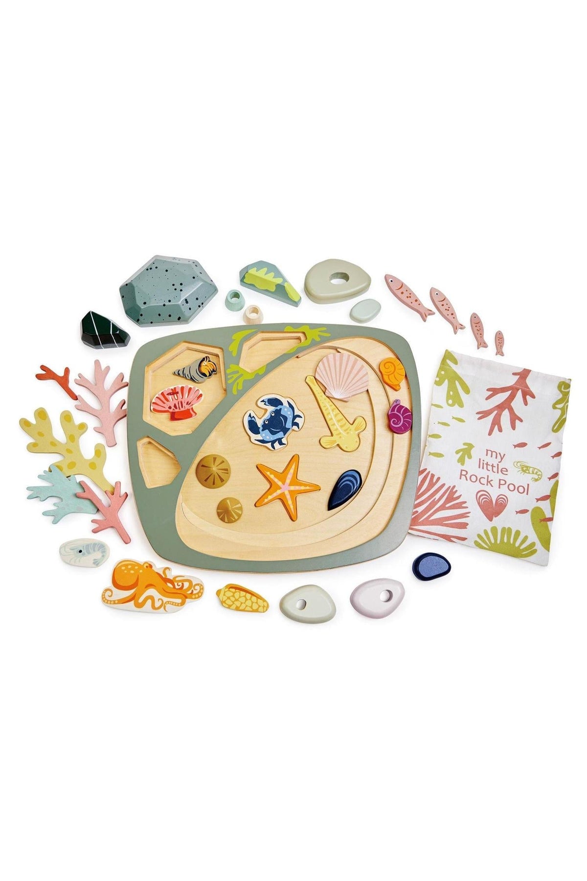 A colorful wooden shape-sorting toy featuring a rock pool design, with various sea creatures, shells, and coral shapes. The eco-friendly materials are perfect for imaginative play for young children.