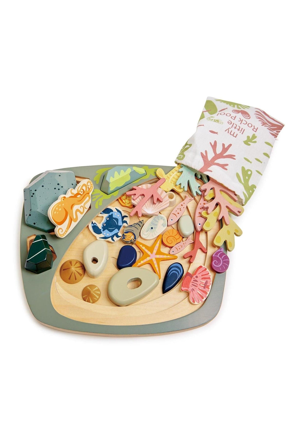A colorful wooden toy set featuring various rock and sea-themed pieces arranged on a light wooden base, designed for imaginative play and shape sorting. Ideal for young children and eco-friendly.