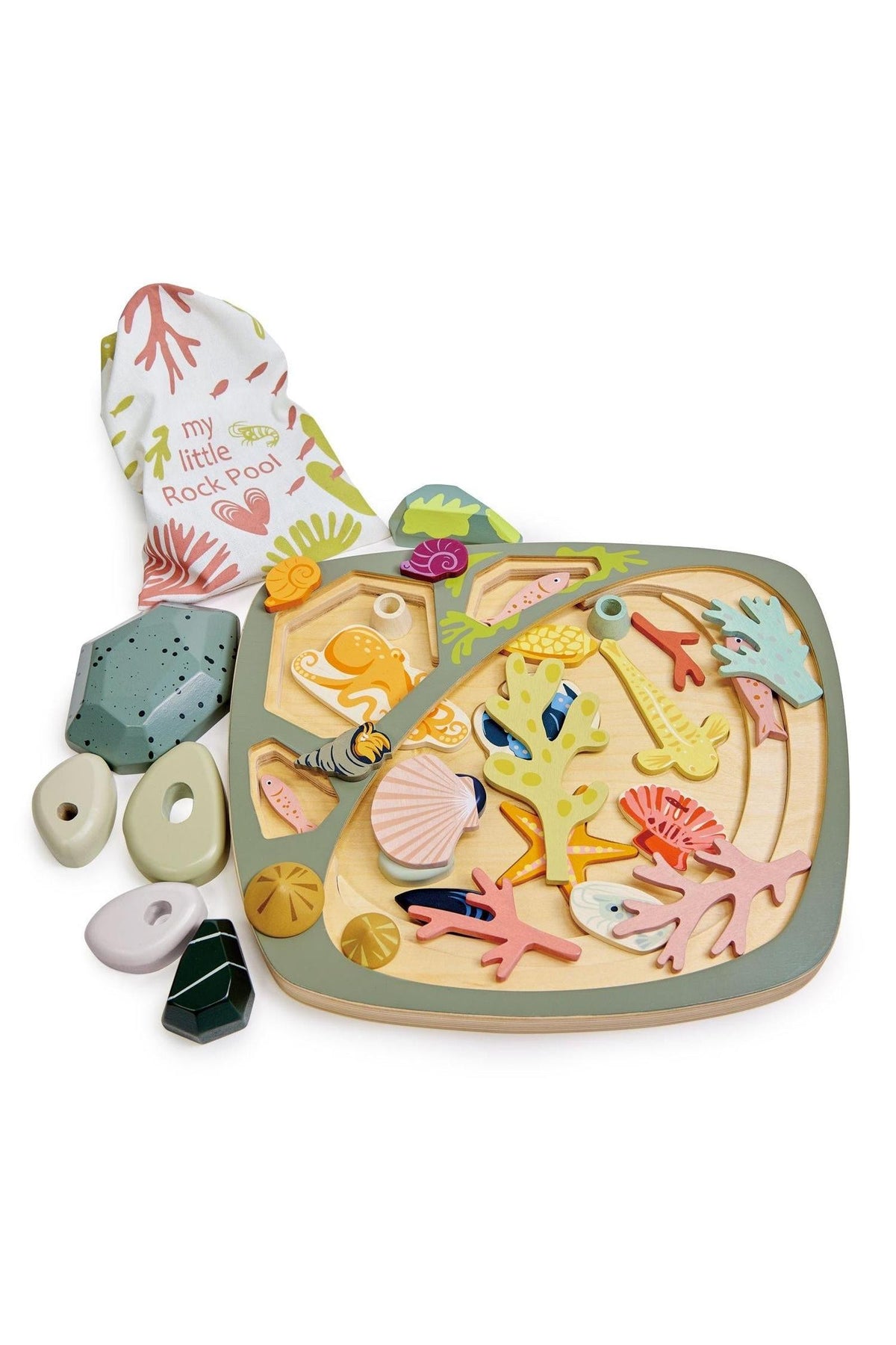 A colorful wooden sorting toy featuring various sea-themed shapes, including rocks, shells, and coral. The pieces are arranged in a tray, promoting imaginative play for young children.