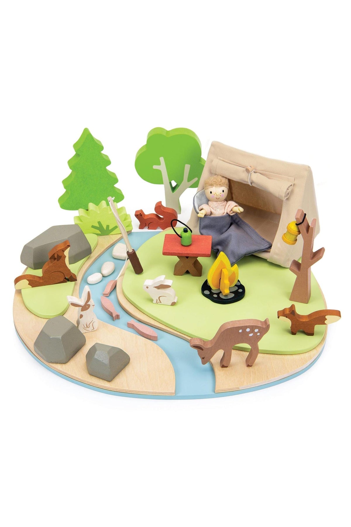 Wooden camping playset with tent, doll, campfire, animals, trees, and stream on a wooden base. Eco-friendly design.