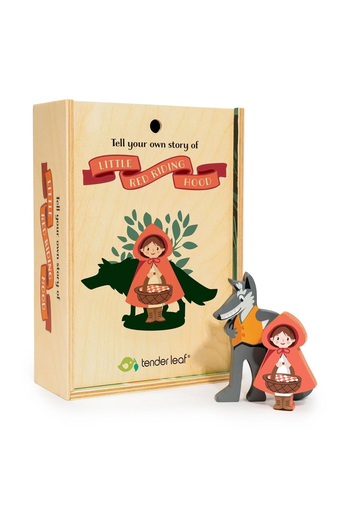 A wooden storytelling set from Tender Leaf features Little Red Riding Hood and the wolf, beautifully crafted and designed for imaginative play.