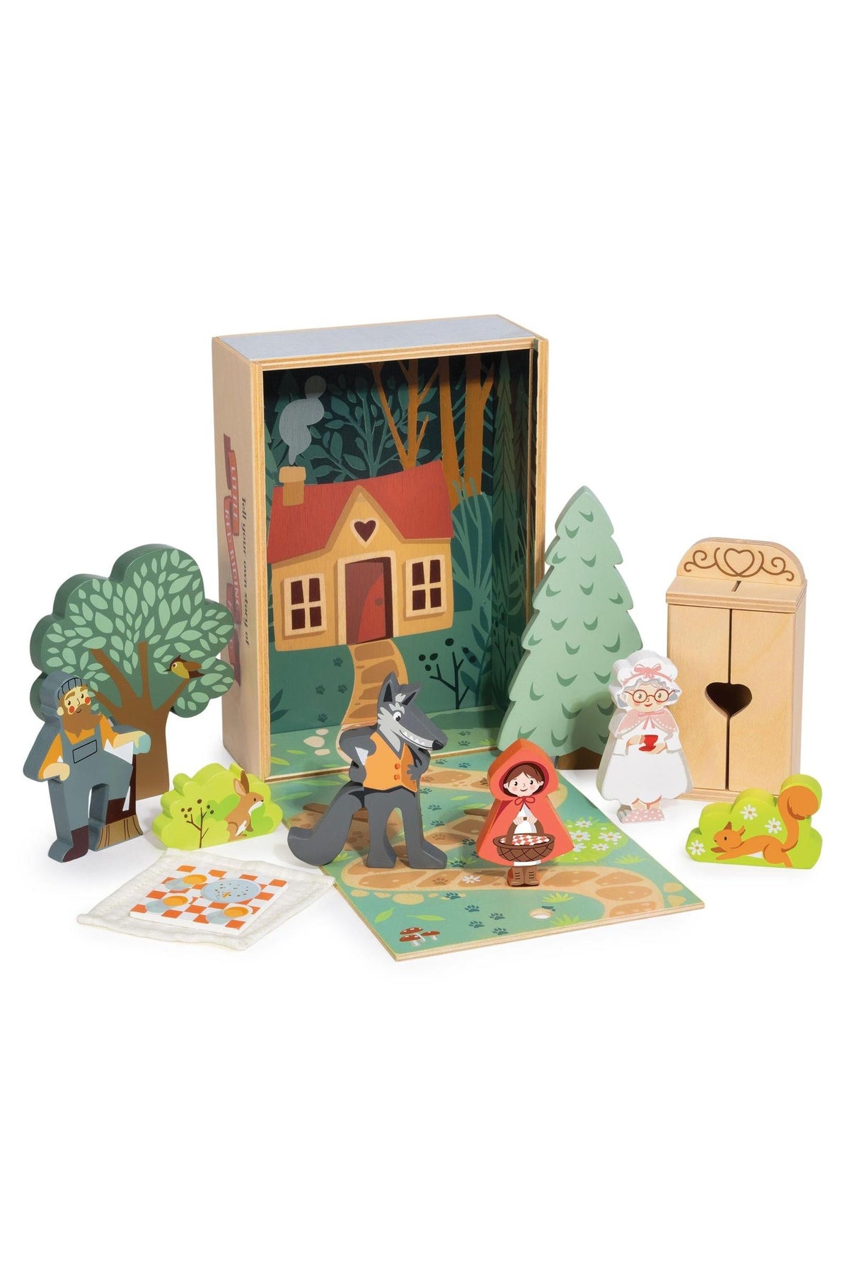 A colorful wooden storytelling set features characters from Little Red Riding Hood, including a wolf, girl, and grandmother, set against a vibrant woodland scene. Ideal for imaginative play.