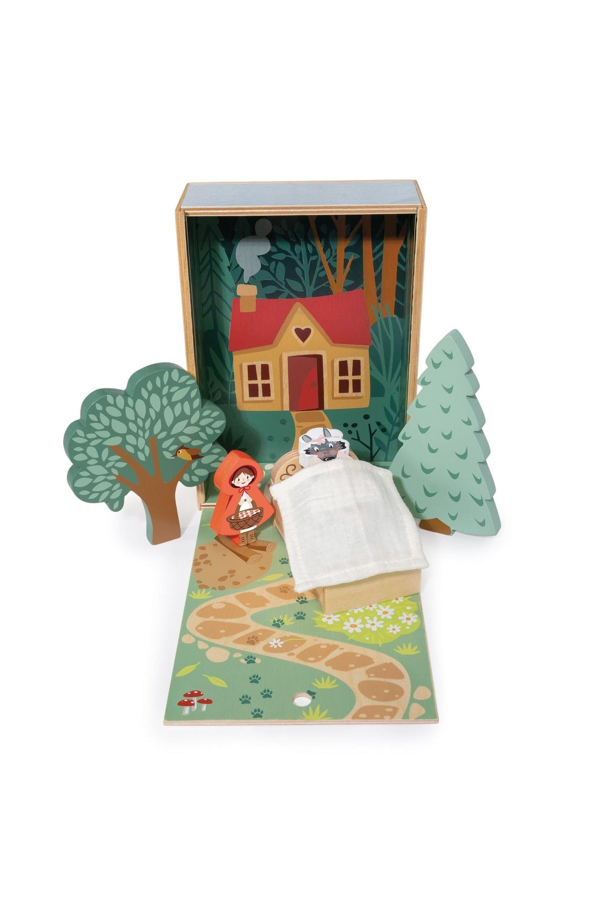 A beautifully crafted wooden storytelling set by Tender Leaf Toys features a vibrant woodland scene with a house, trees, and characters. Ideal for imaginative play, it encourages creativity in children.