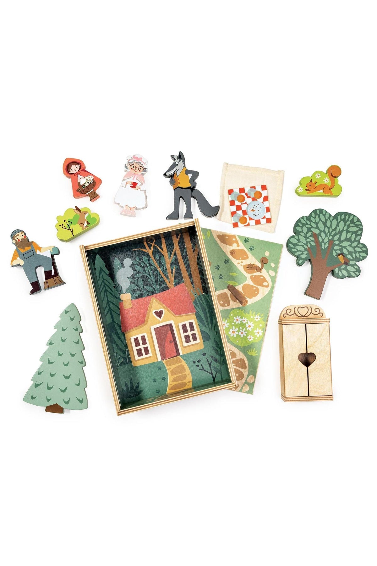 A colorful wooden storytelling set featuring a Little Red Riding Hood scene, characters, and trees. Made from sustainable materials, this toy encourages imaginative play for young children.