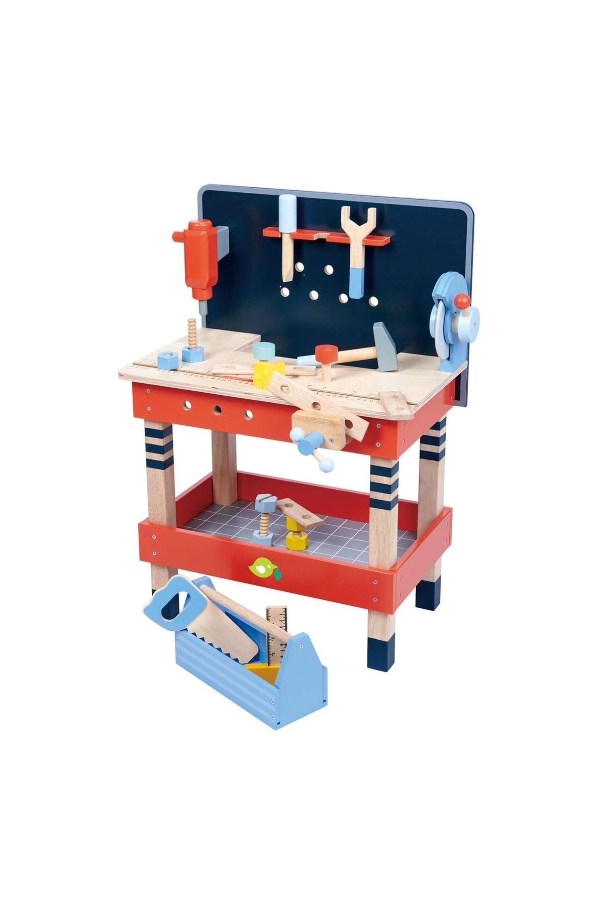Colorful wooden tool bench with various tools and accessories, featuring a blue back panel and sturdy construction for imaginative play.