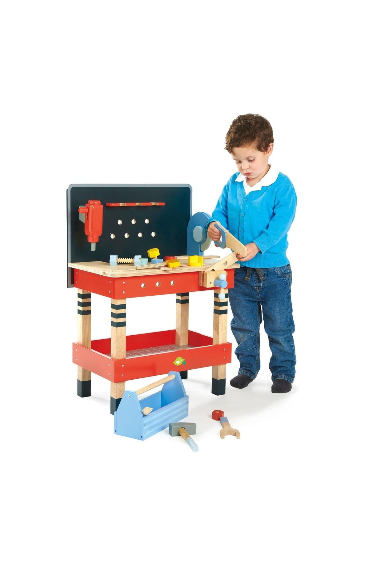 A young child interacts with a colorful wooden tool bench, featuring various tools and a work area for imaginative play.