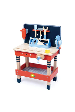 Colorful wooden tool bench featuring a back panel with tools, a functional vice, and a shelf for storage.