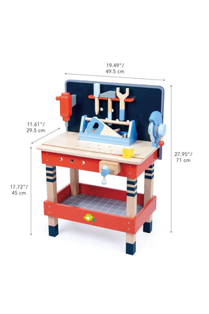 Colorful wooden tool bench with a back panel, removable tools, and functional vice, ideal for aspiring carpenters aged 3+.