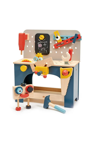 Colorful wooden tool bench featuring various tools, a blackboard for sketches, and holes for creative assembly. Suitable for imaginative play.