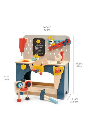 Colorful wooden tool bench featuring various tools, a blackboard surface, and multiple holes for creative play. Suitable for young children.