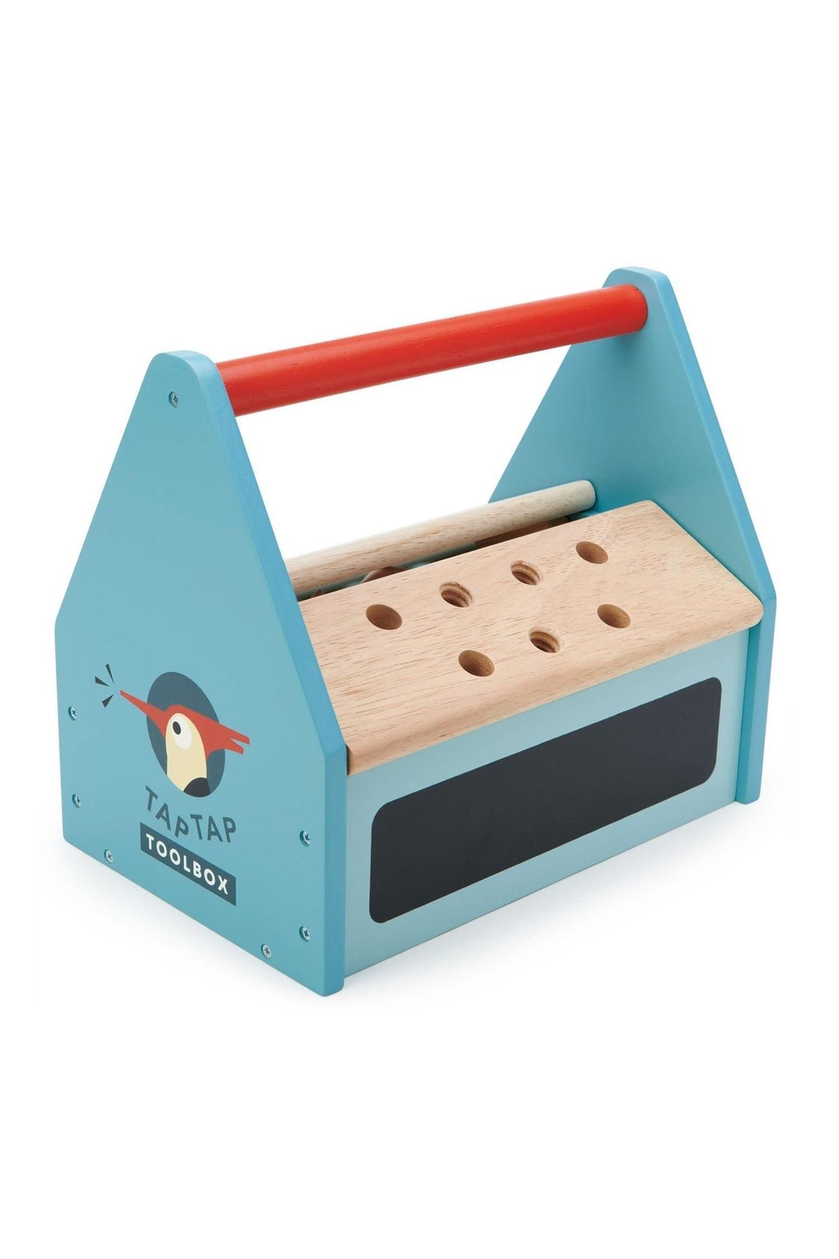 A colorful wooden toolbox with a red handle, featuring multiple holes for tools and a playful woodpecker design.