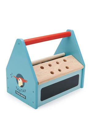 A colorful wooden toolbox with a red handle, featuring multiple holes for tools and a playful woodpecker design.