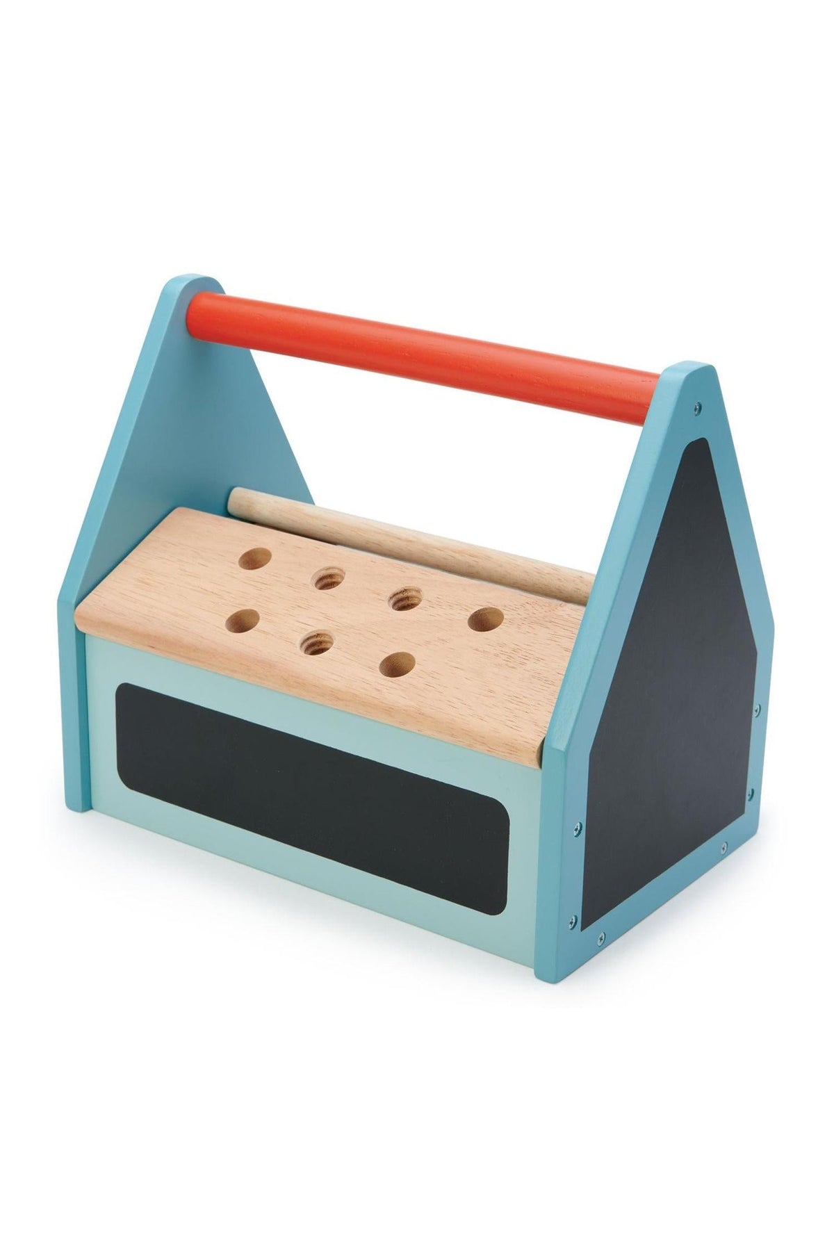 A colorful wooden toolbox from Tender Leaf Toys features a blue and red design with multiple holes for building activities.