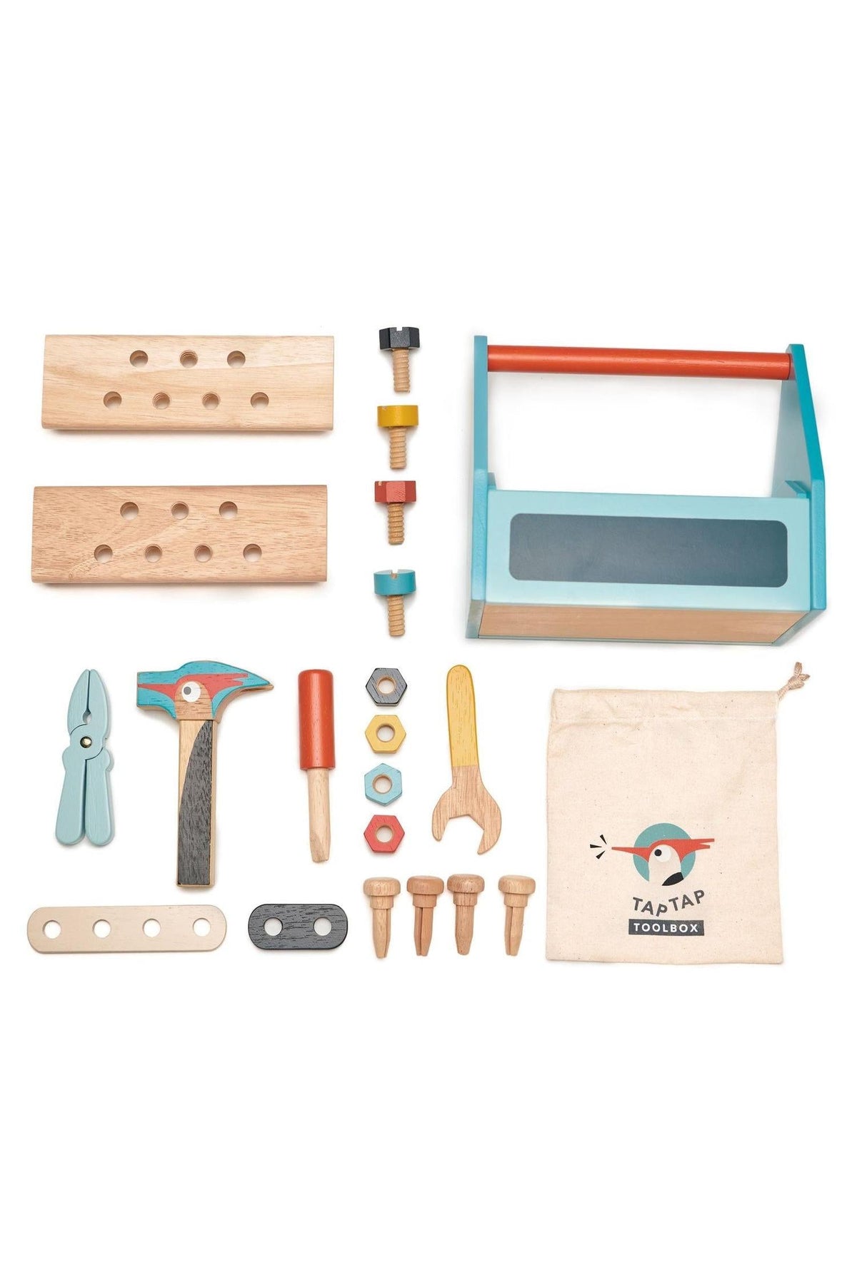 Colorful wooden tools and accessories are neatly arranged around a blue and natural wood toolbox, with a printed cloth bag.