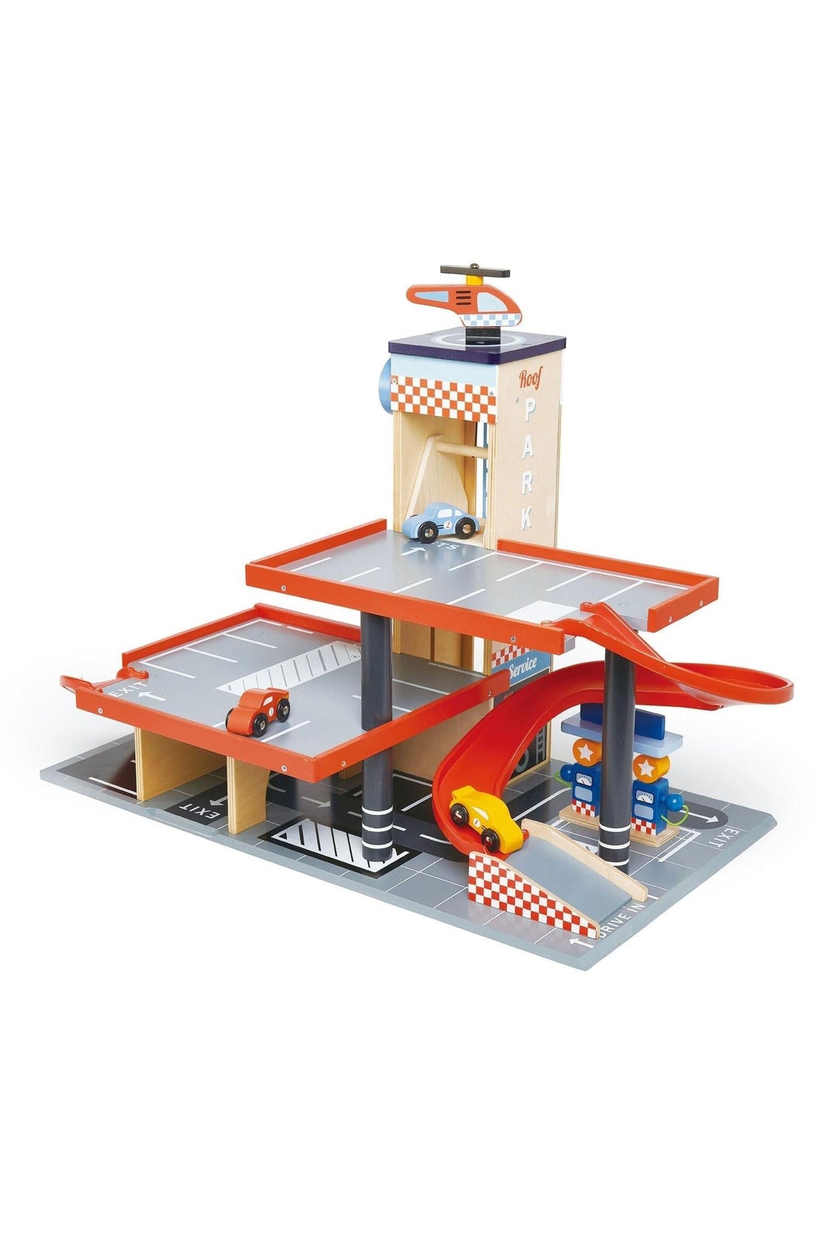 A colorful wooden toy parking garage features multiple levels, ramps, and three included cars, promoting imaginative play for young children.